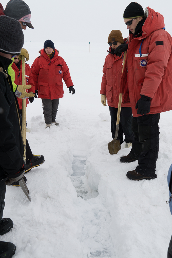 Profiling an ice crack, we shoveled off the snow across the crack, then drilled holes every 12 inches to checked ice thickness. If there are seals around it's a good indication that there may be cracks in the area. Good practical info for the next time your ice fishing back home. 